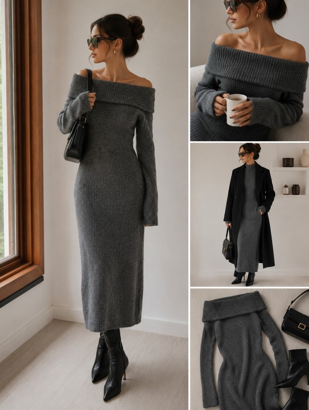 H&M Cozy Off-Shoulder Ribbed Knit Maxi Dress — Charcoal Gray